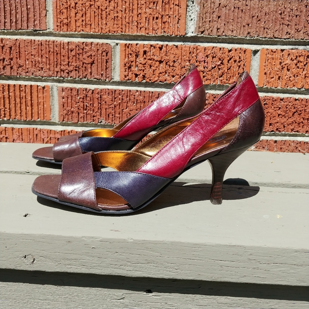 Nine West, Leather Open Toe, Cut Put Colorblock Heels 6.5 NWOT